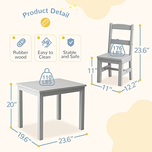 Curipeer Rubberwood Kids Table and Chair Set, Water Resistant Kids Table Set with 2 Chairs,Non-Slip Pad and Waterfall Edge Design,Easy to Clean,Child Gift for Boy,Girl in Bedroom,Playroom,Grey