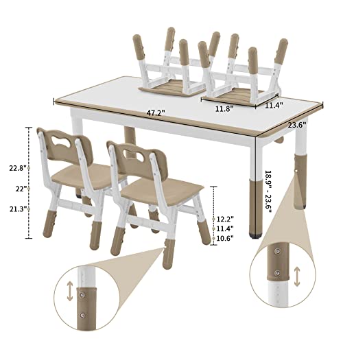 DOREROOM Toddler Table and Chairs Set for 4, 49''L x 25''W Kids Study Table and Chair Set, Height-Adjustable Scrubtable Desktop Child's Table for Daycare, Classroom, Home, Brown