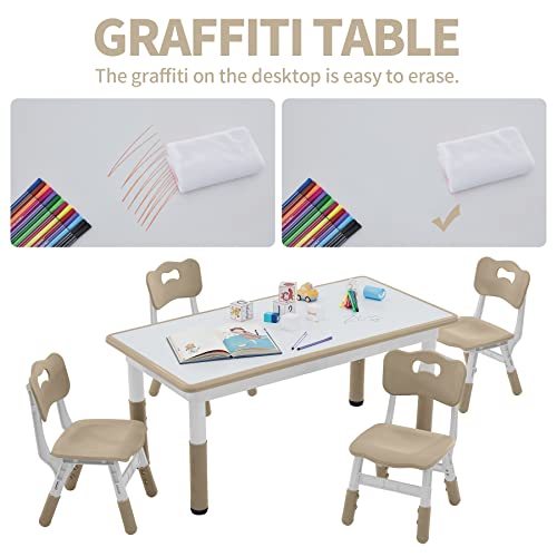 DOREROOM Toddler Table and Chairs Set for 4, 49''L x 25''W Kids Study Table and Chair Set, Height-Adjustable Scrubtable Desktop Child's Table for Daycare, Classroom, Home, Brown