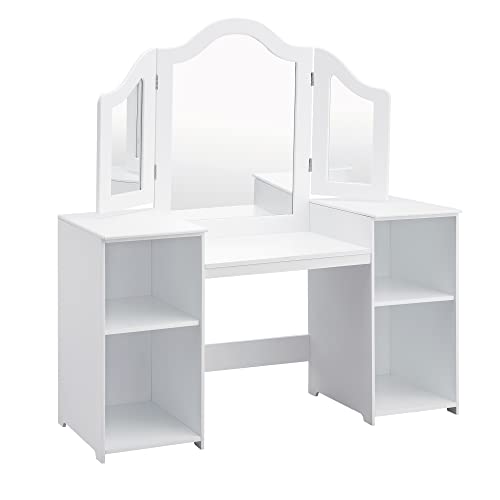 Kovhzcu Kids Vanity, 2 in 1 Princess Makeup Vanity Storage Cabinet with Detachable Top, Girls Vanity Set with Tri-fold Mirror, Kids Vanity Set with Mirror Age 3-9 (White)