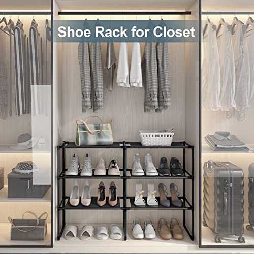 Amazer 4 Tiers Shoe Rack for Closet, Shoe Storage Organizer for 16-20 Pairs of Shoes, Shoe Shelf with Removable Pocket for Entryway Bedroom Hallway, 34.6x11x21.4 Inches (Black)