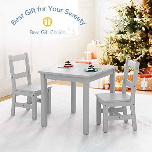 Curipeer Rubberwood Kids Table and Chair Set, Water Resistant Kids Table Set with 2 Chairs,Non-Slip Pad and Waterfall Edge Design,Easy to Clean,Child Gift for Boy,Girl in Bedroom,Playroom,Grey