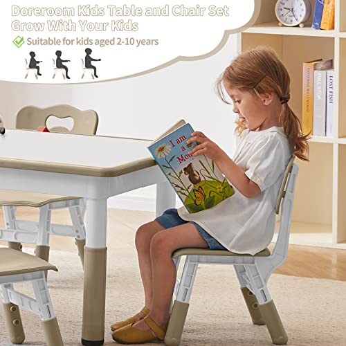 DOREROOM Toddler Table and Chairs Set for 4, 49''L x 25''W Kids Study Table and Chair Set, Height-Adjustable Scrubtable Desktop Child's Table for Daycare, Classroom, Home, Brown