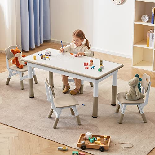 DOREROOM Toddler Table and Chairs Set for 4, 49''L x 25''W Kids Study Table and Chair Set, Height-Adjustable Scrubtable Desktop Child's Table for Daycare, Classroom, Home, Brown