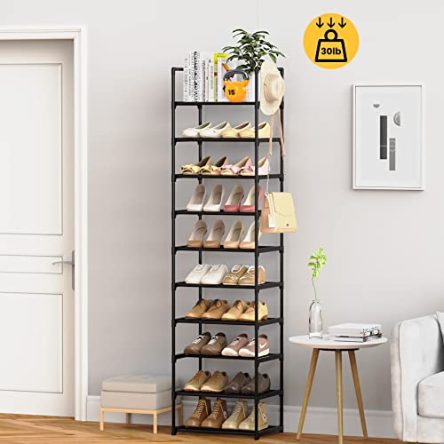WEXCISE Narrow 10 Tiers Tall Shoe Rack for Entryway 20-24 Pairs Shoe and Boots Organizer Storage Shelf Space Saving Large Shoe Tower Durable Black Metal Stackable Shoe Cabinet with Hooks