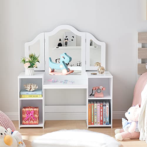 Kovhzcu Kids Vanity, 2 in 1 Princess Makeup Vanity Storage Cabinet with Detachable Top, Girls Vanity Set with Tri-fold Mirror, Kids Vanity Set with Mirror Age 3-9 (White)