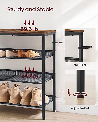 VASAGLE Shoe Rack for Entryway, 4 Tier Shoe Storage Shelves, 12-15 Pairs Shoe Organizer, with Sturdy Wooden Top and Steel Frame, Free Standing, Industrial, Rustic Brown and Black ULBS040B01