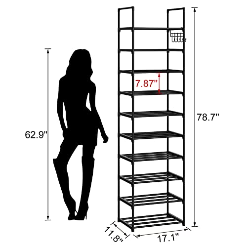 WEXCISE Narrow 10 Tiers Tall Shoe Rack for Entryway 20-24 Pairs Shoe and Boots Organizer Storage Shelf Space Saving Large Shoe Tower Durable Black Metal Stackable Shoe Cabinet with Hooks