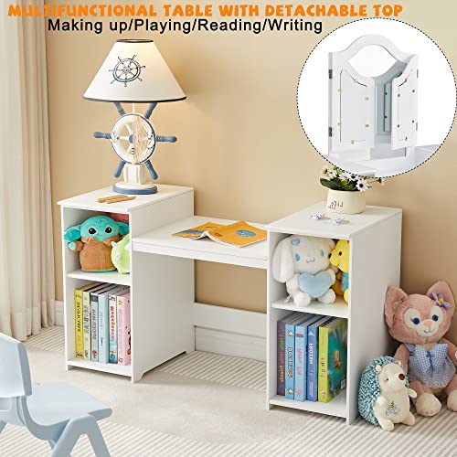 Kovhzcu Kids Vanity, 2 in 1 Princess Makeup Vanity Storage Cabinet with Detachable Top, Girls Vanity Set with Tri-fold Mirror, Kids Vanity Set with Mirror Age 3-9 (White)