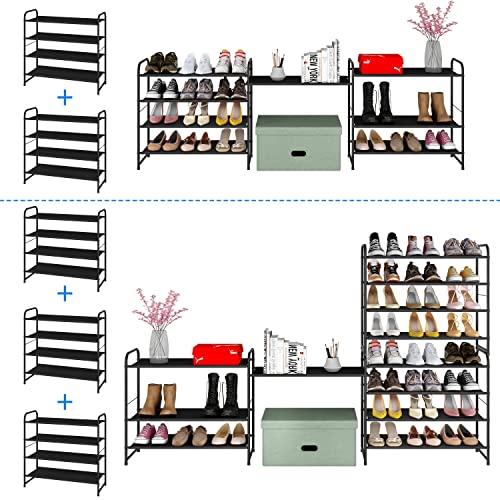 Simple Trending 4-Tier Stackable Shoe Rack, Expandable & Adjustable Fabric Shoe Shelf Storage Organizer, Black