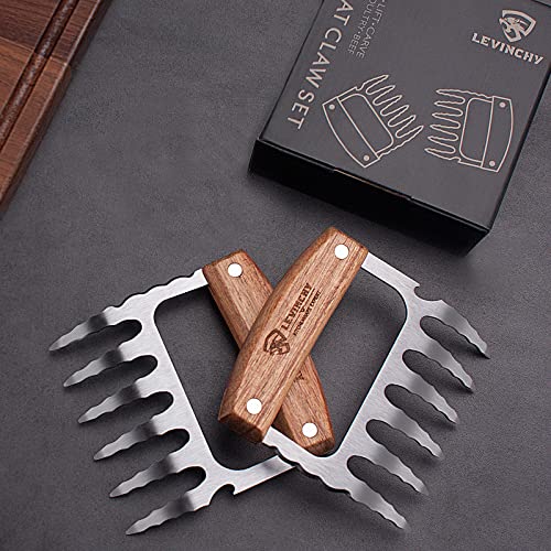 LEVINCHY Meat Claws Shredders Claws 2-Piece Set Meat Forks Meat Shredding Claws BBQ Grill Tools, Blade with Bottle Opener and Cutter, Large Wooden Handle