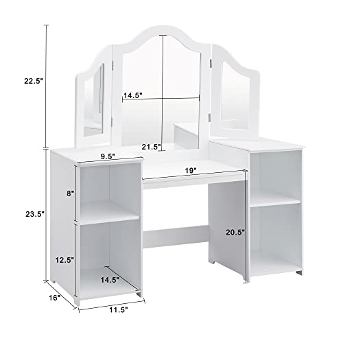 Kovhzcu Kids Vanity, 2 in 1 Princess Makeup Vanity Storage Cabinet with Detachable Top, Girls Vanity Set with Tri-fold Mirror, Kids Vanity Set with Mirror Age 3-9 (White)