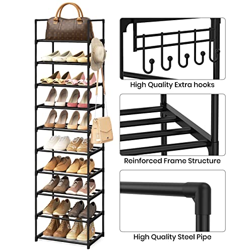 WEXCISE Narrow 10 Tiers Tall Shoe Rack for Entryway 20-24 Pairs Shoe and Boots Organizer Storage Shelf Space Saving Large Shoe Tower Durable Black Metal Stackable Shoe Cabinet with Hooks