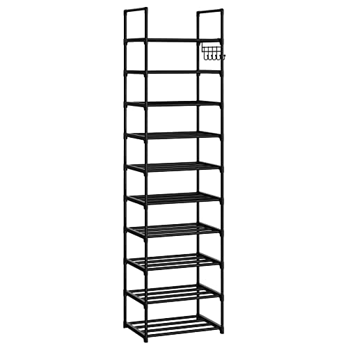 WEXCISE Narrow 10 Tiers Tall Shoe Rack for Entryway 20-24 Pairs Shoe and Boots Organizer Storage Shelf Space Saving Large Shoe Tower Durable Black Metal Stackable Shoe Cabinet with Hooks
