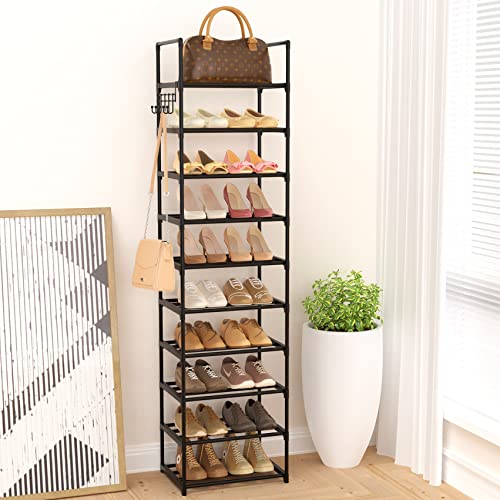 WEXCISE Narrow 10 Tiers Tall Shoe Rack for Entryway 20-24 Pairs Shoe and Boots Organizer Storage Shelf Space Saving Large Shoe Tower Durable Black Metal Stackable Shoe Cabinet with Hooks