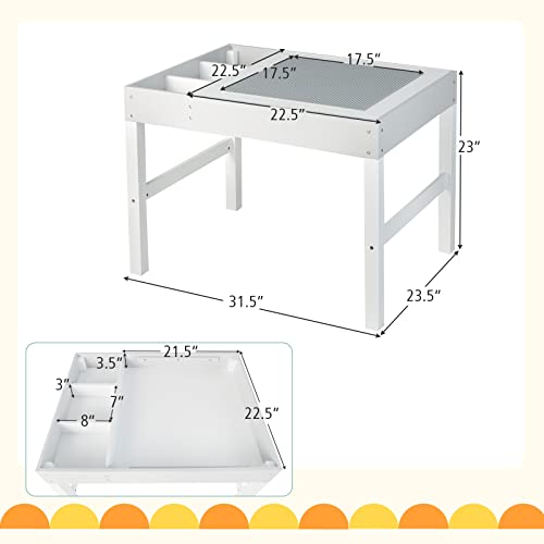 Costzon Kids Table, 3 in 1 Wooden Building Block Desk w/Storage, Double-Sided Tabletop for Toddler Arts, Crafts, Drawing, Reading, Playing, Gift for Boys Girls, Children Activity Table (White & Gray)