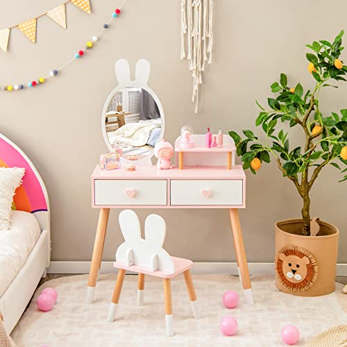 INFANS Kids Vanity Set, 2 in 1 Wooden Princess Makeup Table and Chair with Mirror, Rabbit Themed Toddler Dressing Desk Beauty Play Set Toy Gift, Shelf, Storage Drawers for Little Girls