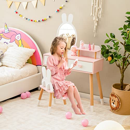 INFANS Kids Vanity Set, 2 in 1 Wooden Princess Makeup Table and Chair with Mirror, Rabbit Themed Toddler Dressing Desk Beauty Play Set Toy Gift, Shelf, Storage Drawers for Little Girls