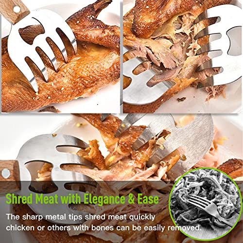 Meat Claws Chicken Shredder Shredding Forks for Meat 8.6" with Long Wood Handle Easily Lift, Shred and Cut Meat Claws for Pulled pork Stainless Steel Sharp Tips 2PCS-Natural Color