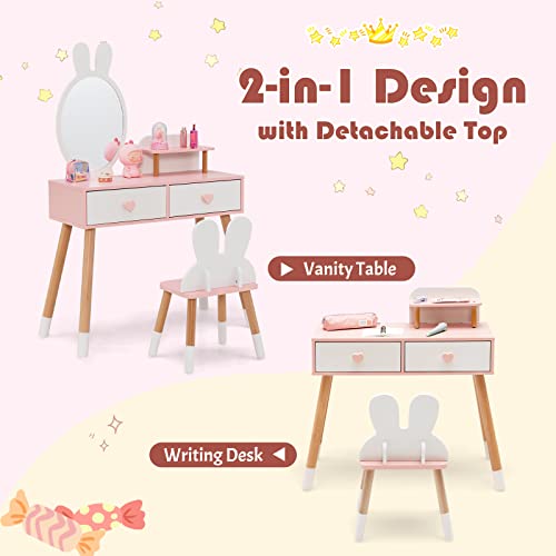 INFANS Kids Vanity Set, 2 in 1 Wooden Princess Makeup Table and Chair with Mirror, Rabbit Themed Toddler Dressing Desk Beauty Play Set Toy Gift, Shelf, Storage Drawers for Little Girls