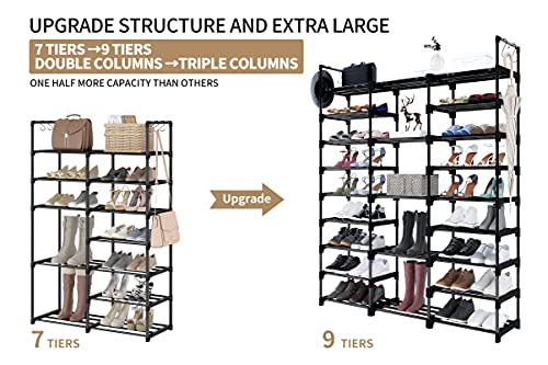 WOWLIVE 9 Tiers Large Shoe Rack Storage Organizer for Closet 50-55 Pairs Shoe Tower Unit Shelf Durable Metal Pipes with Plastic Connectors Stackable Shoe Cabinet Black(SSS3B9)