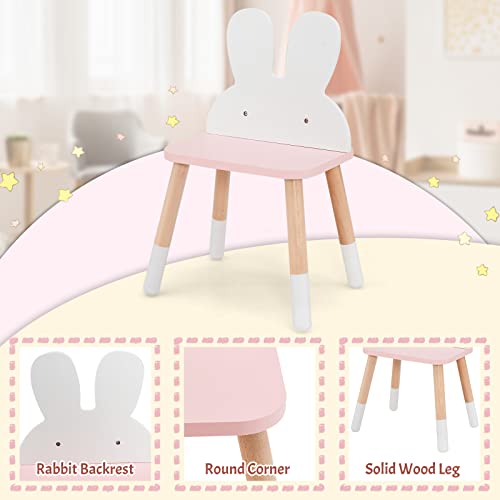 INFANS Kids Vanity Set, 2 in 1 Wooden Princess Makeup Table and Chair with Mirror, Rabbit Themed Toddler Dressing Desk Beauty Play Set Toy Gift, Shelf, Storage Drawers for Little Girls