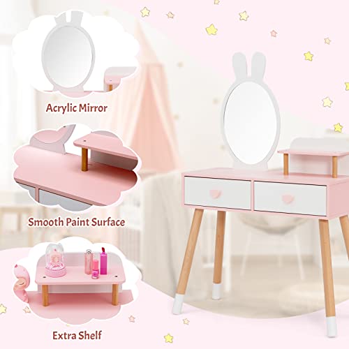 INFANS Kids Vanity Set, 2 in 1 Wooden Princess Makeup Table and Chair with Mirror, Rabbit Themed Toddler Dressing Desk Beauty Play Set Toy Gift, Shelf, Storage Drawers for Little Girls