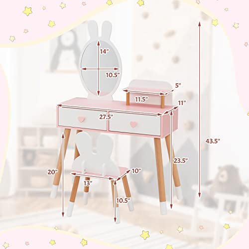 INFANS Kids Vanity Set, 2 in 1 Wooden Princess Makeup Table and Chair with Mirror, Rabbit Themed Toddler Dressing Desk Beauty Play Set Toy Gift, Shelf, Storage Drawers for Little Girls