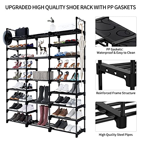 WOWLIVE 9 Tiers Large Shoe Rack Storage Organizer for Closet 50-55 Pairs Shoe Tower Unit Shelf Durable Metal Pipes with Plastic Connectors Stackable Shoe Cabinet Black(SSS3B9)