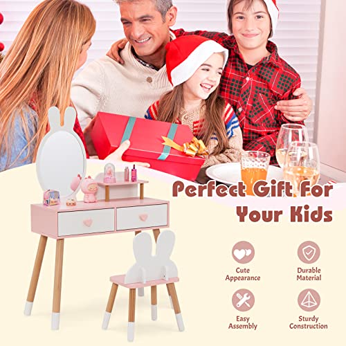 INFANS Kids Vanity Set, 2 in 1 Wooden Princess Makeup Table and Chair with Mirror, Rabbit Themed Toddler Dressing Desk Beauty Play Set Toy Gift, Shelf, Storage Drawers for Little Girls