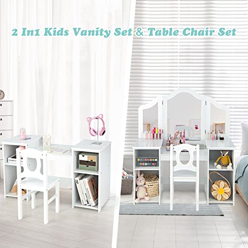 INFANS Kids Vanity, 2 in 1 Princess Makeup Desk & Chair Set with Tri-Folding Detachable Mirror, Large Storage Shelves, Wooden Dressing Table, Pretend Play Vanity Set for Girls