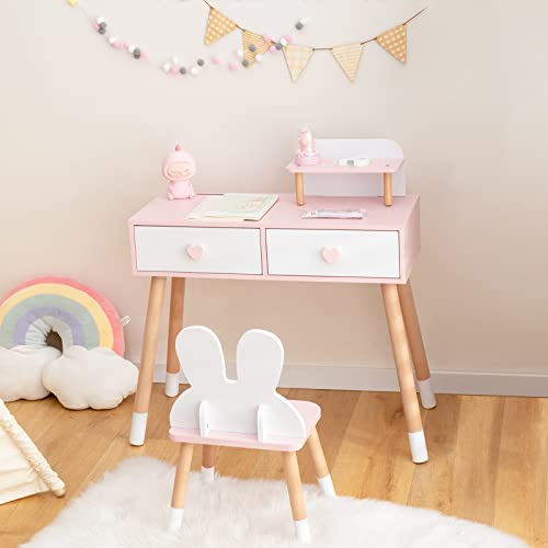 INFANS Kids Vanity Set, 2 in 1 Wooden Princess Makeup Table and Chair with Mirror, Rabbit Themed Toddler Dressing Desk Beauty Play Set Toy Gift, Shelf, Storage Drawers for Little Girls