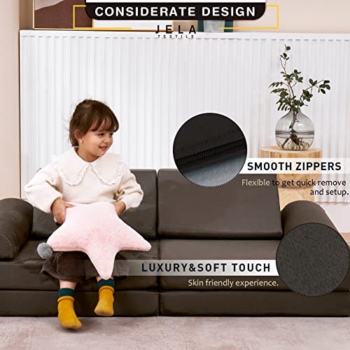 jela Kids Couch 8PCS, Floor Sofa Modular Funiture for Kids Adults, Playhouse Play Set for Toddlers Babies, Modular Foam Play Couch Indoor Outdoor (57"x28"x18", Charcoal)
