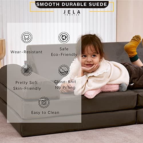 jela Kids Couch 8PCS, Floor Sofa Modular Funiture for Kids Adults, Playhouse Play Set for Toddlers Babies, Modular Foam Play Couch Indoor Outdoor (57"x28"x18", Charcoal)