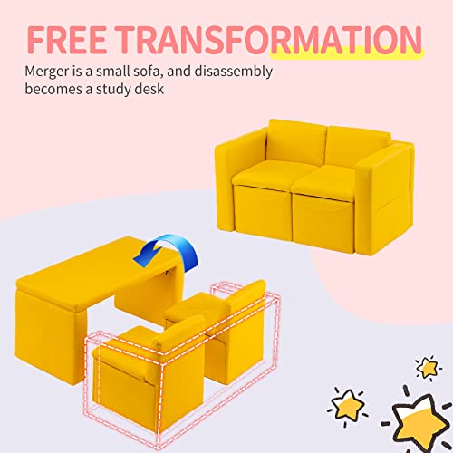 UNICOO –Kids Sofa, 2-in-1 Double Set Sofa Convert to Table & 2 Chairs, Toddler Lounge with Leather Surface, Children Boys Girls Couch Armrest Chair with Storage Box (ZKL-111K-Yellow)