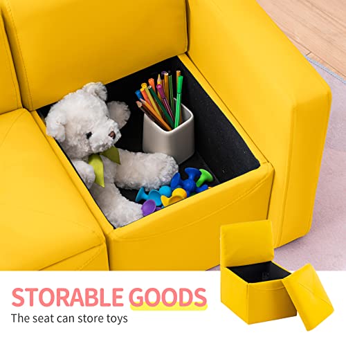 UNICOO –Kids Sofa, 2-in-1 Double Set Sofa Convert to Table & 2 Chairs, Toddler Lounge with Leather Surface, Children Boys Girls Couch Armrest Chair with Storage Box (ZKL-111K-Yellow)