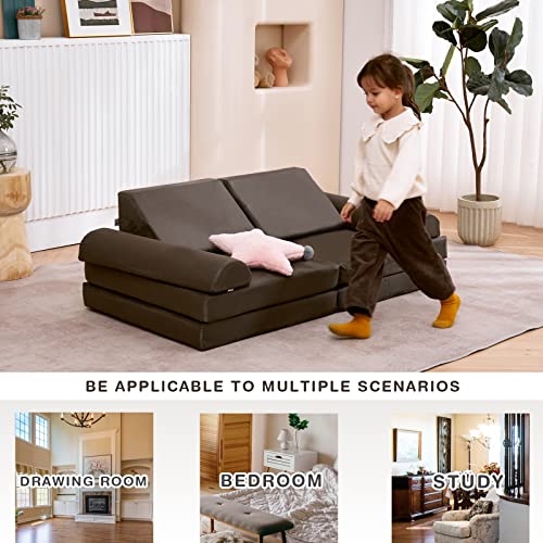 jela Kids Couch 8PCS, Floor Sofa Modular Funiture for Kids Adults, Playhouse Play Set for Toddlers Babies, Modular Foam Play Couch Indoor Outdoor (57"x28"x18", Charcoal)