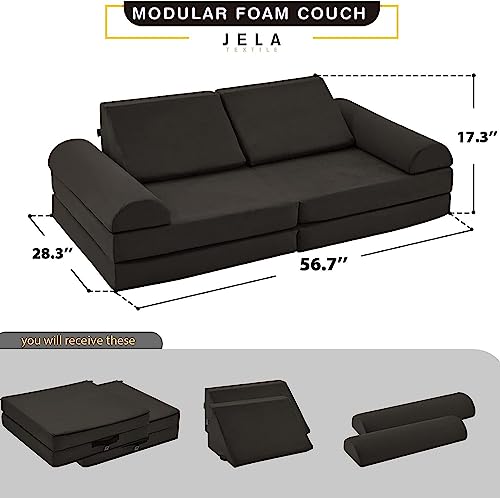 jela Kids Couch 8PCS, Floor Sofa Modular Funiture for Kids Adults, Playhouse Play Set for Toddlers Babies, Modular Foam Play Couch Indoor Outdoor (57"x28"x18", Charcoal)