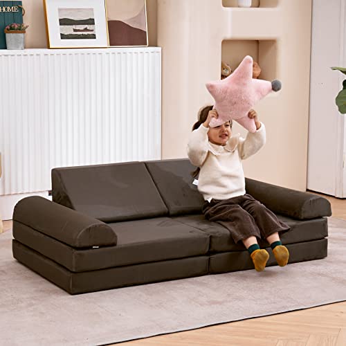 jela Kids Couch 8PCS, Floor Sofa Modular Funiture for Kids Adults, Playhouse Play Set for Toddlers Babies, Modular Foam Play Couch Indoor Outdoor (57"x28"x18", Charcoal)