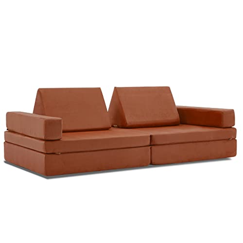 jela Kids Couch Extended Size 8PCS for Family, Floor Sofa Couch Modular Funiture for Kids Adults, Playhouse Play Set for Toddlers Babies, Modular Foam Play Couch Indoor 66" x 33" x 22" Coffee
