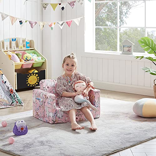 Ulax Furniture Kids Sofa Chair Children FILP-Out Chair 2-in-1 Convertible Sofa to Sleeper Couch (Pink Unicorn)