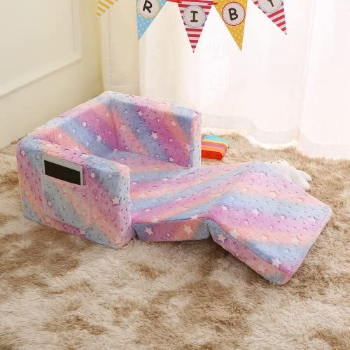 Truwelby Kids Sofa, Glow in The Dark Toddler Chairs Children's 2 in 1 Convertible Sofa to Lounger - Extra Soft Flip Open Chair & Sleeper, Toddler Couch Chair, Sofa Bed for Boys Girls