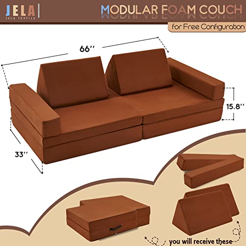 jela Kids Couch Extended Size 8PCS for Family, Floor Sofa Couch Modular Funiture for Kids Adults, Playhouse Play Set for Toddlers Babies, Modular Foam Play Couch Indoor 66" x 33" x 22" Coffee