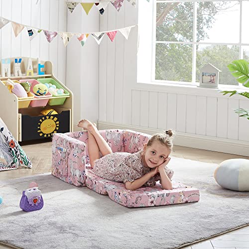 Ulax Furniture Kids Sofa Chair Children FILP-Out Chair 2-in-1 Convertible Sofa to Sleeper Couch (Pink Unicorn)