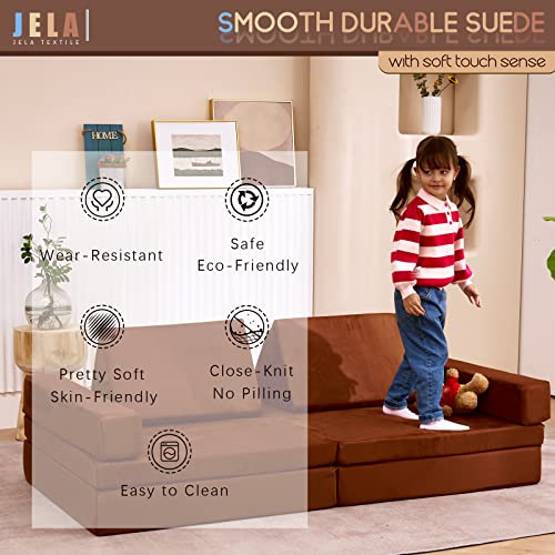 jela Kids Couch Extended Size 8PCS for Family, Floor Sofa Couch Modular Funiture for Kids Adults, Playhouse Play Set for Toddlers Babies, Modular Foam Play Couch Indoor 66" x 33" x 22" Coffee
