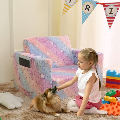 Truwelby Kids Sofa, Glow in The Dark Toddler Chairs Children's 2 in 1 Convertible Sofa to Lounger - Extra Soft Flip Open Chair & Sleeper, Toddler Couch Chair, Sofa Bed for Boys Girls