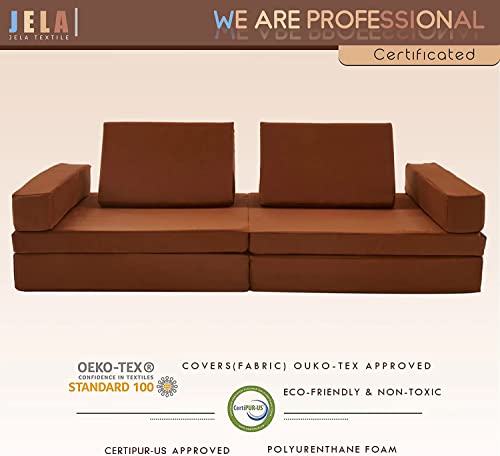 jela Kids Couch Extended Size 8PCS for Family, Floor Sofa Couch Modular Funiture for Kids Adults, Playhouse Play Set for Toddlers Babies, Modular Foam Play Couch Indoor 66" x 33" x 22" Coffee