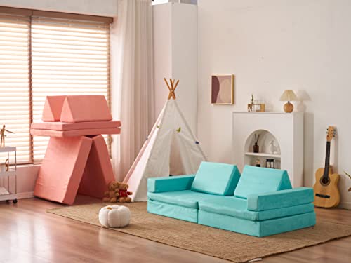 jela Kids Couch Extended Size 8PCS for Family, Floor Sofa Couch Modular Funiture for Kids Adults, Playhouse Play Set for Toddlers Babies, Modular Foam Play Couch Indoor 66" x 33" x 22" Green