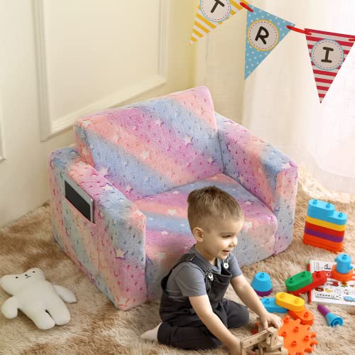Truwelby Kids Sofa, Glow in The Dark Toddler Chairs Children's 2 in 1 Convertible Sofa to Lounger - Extra Soft Flip Open Chair & Sleeper, Toddler Couch Chair, Sofa Bed for Boys Girls