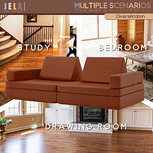 jela Kids Couch Extended Size 8PCS for Family, Floor Sofa Couch Modular Funiture for Kids Adults, Playhouse Play Set for Toddlers Babies, Modular Foam Play Couch Indoor 66" x 33" x 22" Coffee